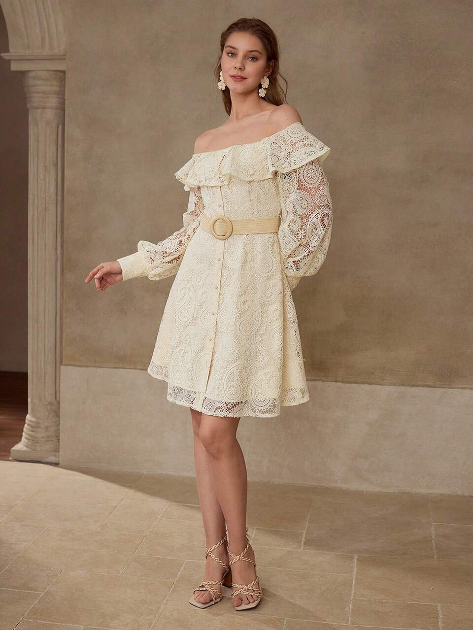 OFF SHOULDER RUFFLE TRIM DRESS