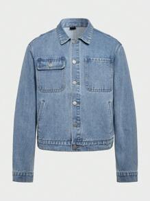 Chillumni 男士中蓝色水洗海军蓝宽松休闲短款宽松牛仔夹克 - 中等水洗藍 - 查看 1