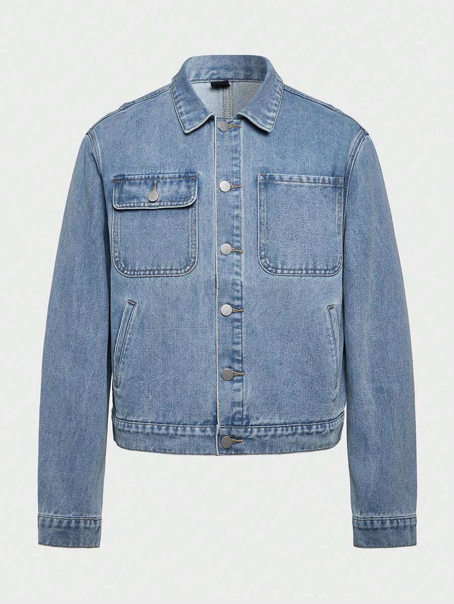 Chillumni 男士中蓝色水洗海军蓝宽松休闲短款宽松牛仔夹克 - 中等水洗藍 - 查看 1