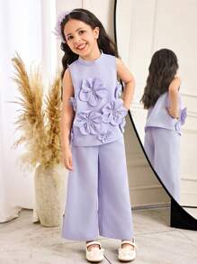 SHEIN 2pcs Set Young Girl Elegant Mock Neck Floral Top & Pants Holiday Outfits - Purple - View 5