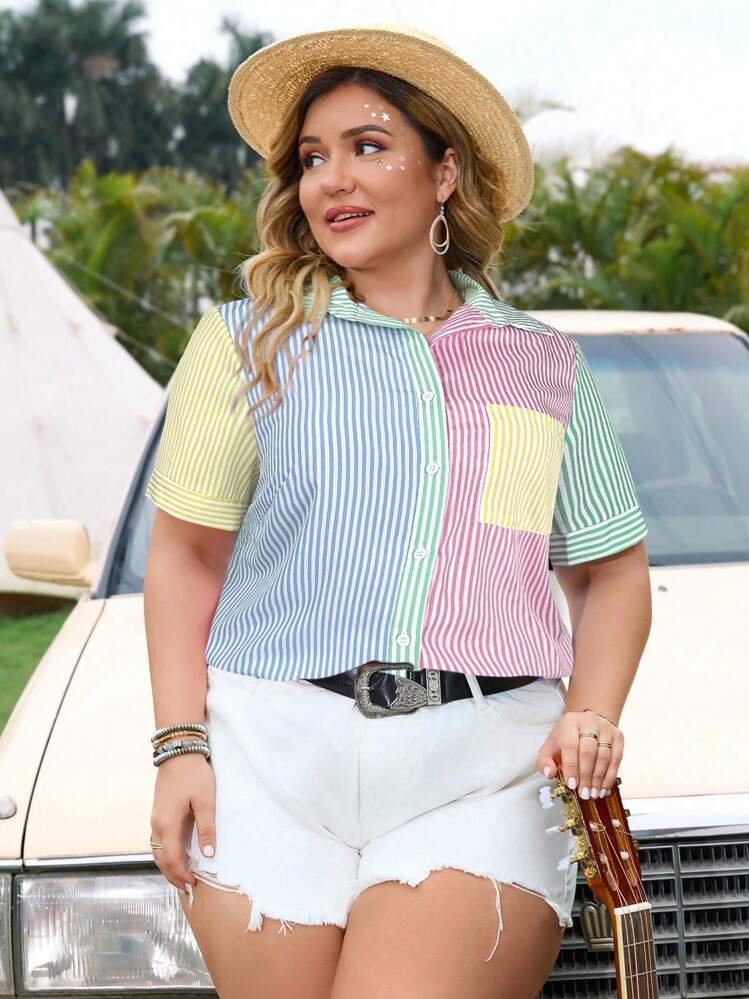 SHEIN VCAY Plus Size Striped Patchwork Front Button Placket Short Sleeve Pocket Casual Shirt - Green - View 3