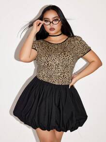 SHEIN ICON Plus Size Leopard Print Patchwork Bow Decor Backless Short Sleeve Dress - Multicolor - View 5