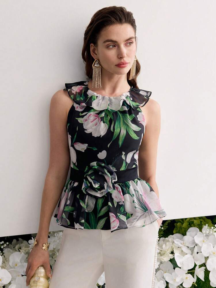 FLORAL PRINT SLEEVELESS PEPLUM TOP