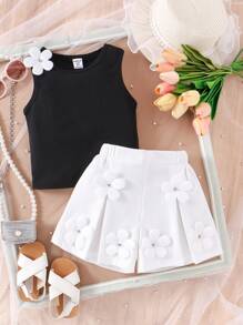 2 件套年轻女孩针织无袖 V 领白色五瓣花上衣和荷叶边短裤套装，时尚优雅的夏季服装 - 黑色 - 查看 3