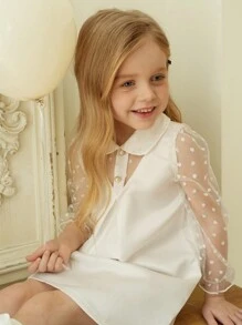 Váy cưới ngắn cho bé gái cổ cao bằng vải satin thêu hình trái tim, tay dài chữ A, phong cách công chúa thanh lịch, hàng mới về - trắng - Xem 3