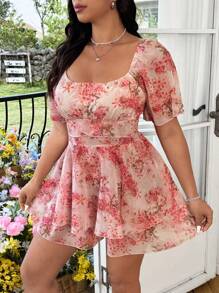 Flirla 大码波西米亚风花卉印花雪纺连体衣，优雅可爱浪漫度假海滩装，短袖，春夏 - 彩色 - 查看 4