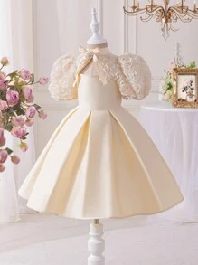 年轻女孩合身优雅镂空腰部 A 字形连衣裙，立领 - 杏色 - 查看 8