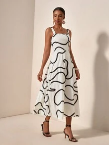 Zivah 休闲宽松衬衫设计感白色抽象条纹细肩带宽松腰部 A 字印花女装连衣裙 - A - 白色 - 查看 7