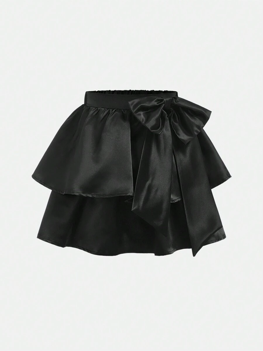 Girlism Tween Girl Black Solid Color Bow Cake Hem Short Ruffle Hem Skirt, Elegant Princess Style Skirt, Suitable For Holiday Party, Gathering, Birthday, Prom