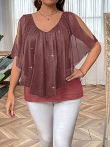 SHEIN Clasi Plus Size Fashionable Heat Transfer Silver Mesh Sheer Patchwork T-Shirt - Pink - View 4