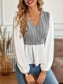 SHEIN Frenchy Women's Autumn Crossover V-Neck Long Sleeve Layered Ruffle Hem Fashionable Top - Grey - View 4