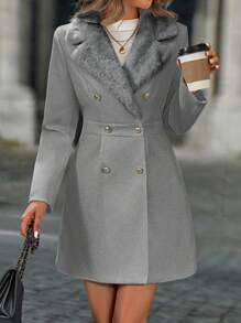 SHEIN Clasi Manteau de laine croisé à col en laine de couleur unie pour femme, automne/hiver
