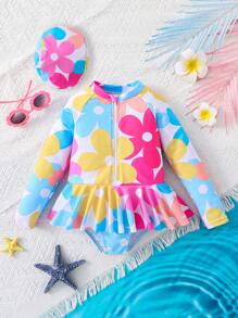 SHEIN Leap Crew Young Girl Ditsy Floral Rash Guard Swimsuit With Hat - White - View 1