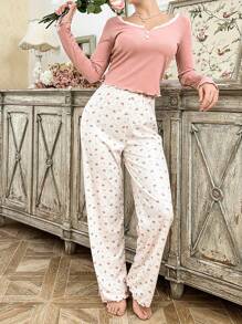 CottageSlumber Crown Print Contrast Color Lace Trim Button-Up Collar Long Sleeve Sleepwear Shirt And Long Pants Set For Women Holiday Season, Vacation
