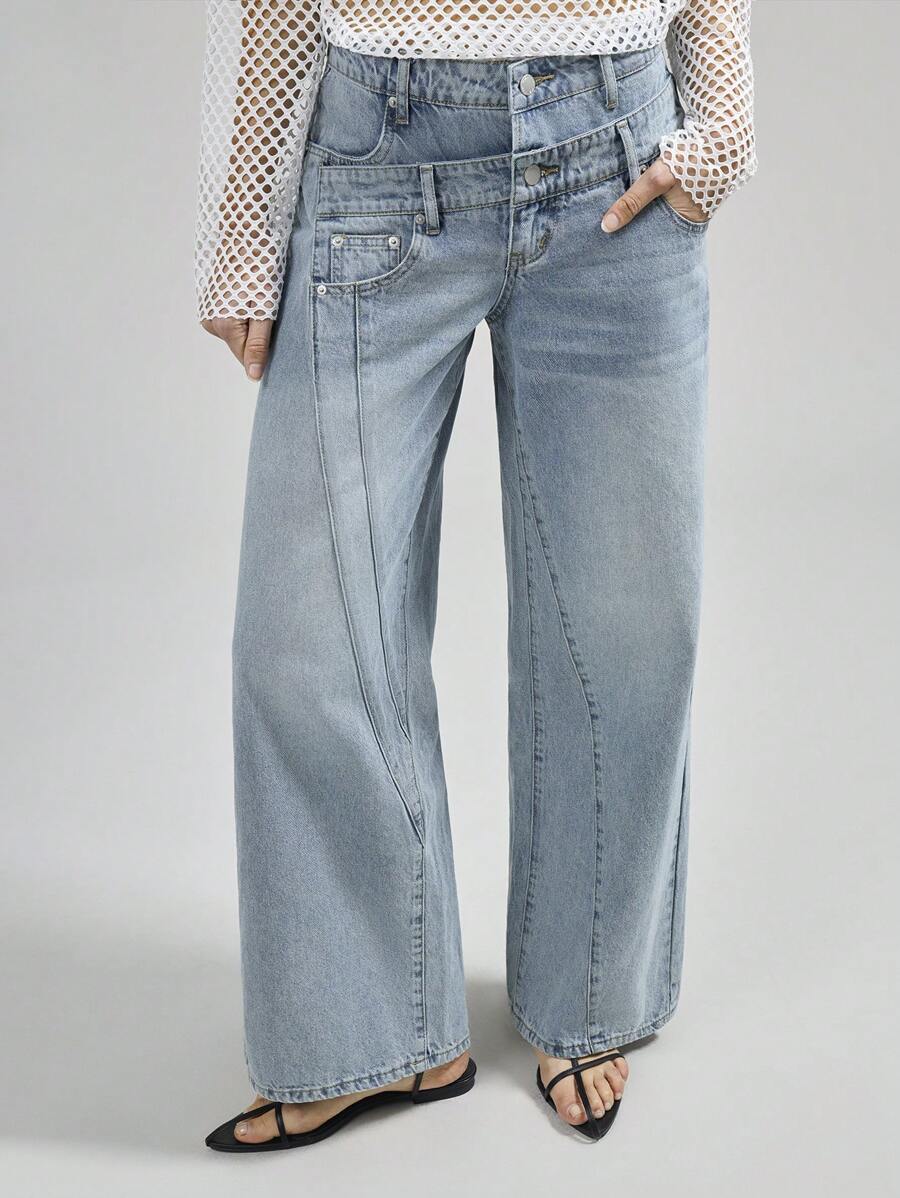 Ontre 2026 Spring/Summer Women's Light Blue Washed Denim Jeans, Designed With Split Lines, Wide-Leg Jeans, Fashion Versatile, Casual Commute, Urban Chic, Minimalist Elegant, Women's Pants, Spring/Summer Outfit, Vacation, Date, Holiday Attire, Asymmetric Waist Women's Fashionable Denim Jeans - Light Wash - View 1