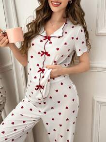 Casual Colorblock Bow Decor Heart Design Lapel Women Pajama Set - Multicolor - View 6