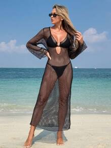 SHEIN Swim 1 Pc Long Sleeve Beach Cover-Up Dress, Solid Color Fishnet, Front Circular Ring Deep V Elegant Design For Women, For Summer Vacation