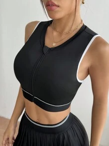 SHEIN Sports Contrast Color Piping Front Zipper Cropped Active Tank Top - Black - View 4