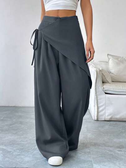 SoleilVie Women's Casual Lace-Up Wide-Leg Solid Color Pants, Suitable For Work And Leisure Fall Cloth For Women