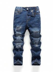 SHEIN Young Boys Casual Distressed Ripped Frayed Cat Whiskers High Stretch Skinny Blue Denim Pants,Kids Spring/Summer Clothes Outfits - Dark Wash - View 6