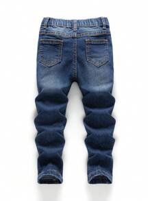 SHEIN Young Boys Casual Distressed Ripped Frayed Cat Whiskers High Stretch Skinny Blue Denim Pants,Kids Spring/Summer Clothes Outfits - Dark Wash - View 2