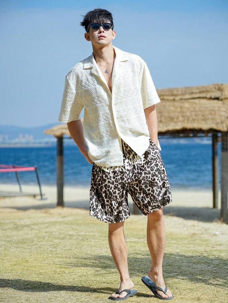 Men's Letter & Leopard Print Beach Shorts, Summer Holiday Style