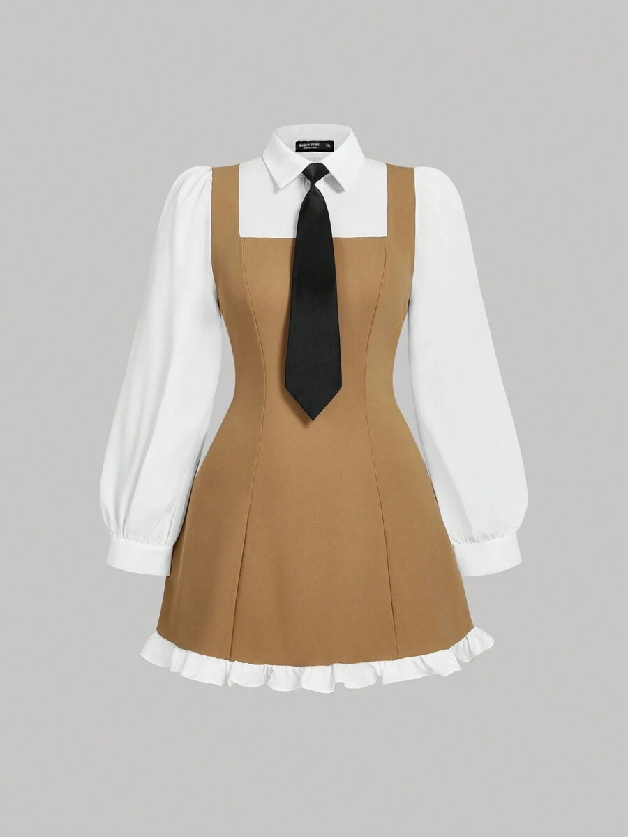 SHEIN MOD Plus Size Retro Square Collar Ruffle Hem Long Sleeve Dress - Khaki - View 1