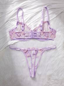 Esselle 2 piezas Conjunto de lencería azul marino talla grande para mujer, con efecto levantador - Morado - Ver 2