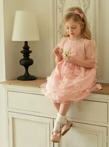 SHEIN 年轻女孩纯色优雅圆领 3D 花卉网眼泡泡短袖 A 字迷你连衣裙，春/秋 - 粉色 - 查看 4