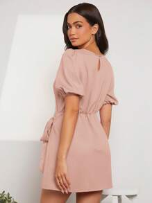 Firerie 女士纯色圆领短款泡泡袖裹身下摆休闲连衣裙 - 粉色 - 查看 2