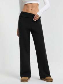 SHEIN Tall Women's Black Knitted Pants With Cuffed Waist And Flared Legs