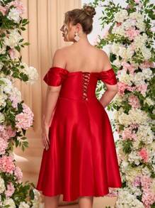 SHEIN Belle Vestido de Baile Longo Elegante de Luxo Vermelho com Lantejoulas, Recortes em Cetim, Manga Longa, Cintura Baixa, Tule Transparente, Modelo Evasê, Vestido Convidado de Casamento, Vestido para Dia dos Namorados, Vestido de Festa, Vestido de Formatura - Vinho - Visão 3
