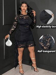 Maweii Plus Size Women Lace Trimmed Flounce Sleeve Semi-Sheer Long Dress - Black - View 1