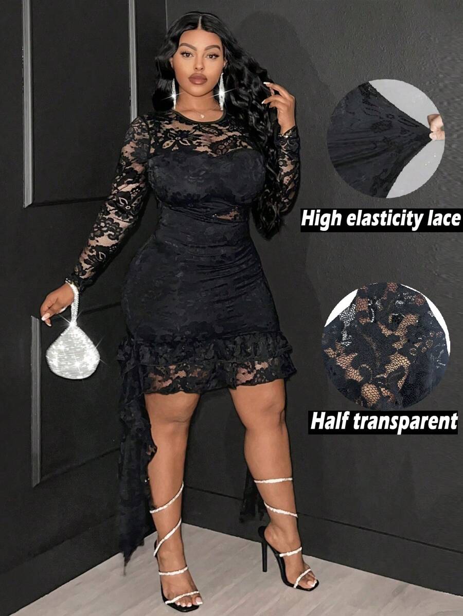 Maweii Plus Size Women Lace Trimmed Flounce Sleeve Semi-Sheer Long Dress - Black - View 1