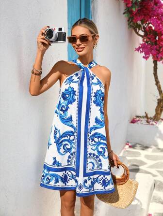 Vivid Eden Robe ample à col ras-du-cou à fleurs pour femmes, décontractée pour les vacances d'été
