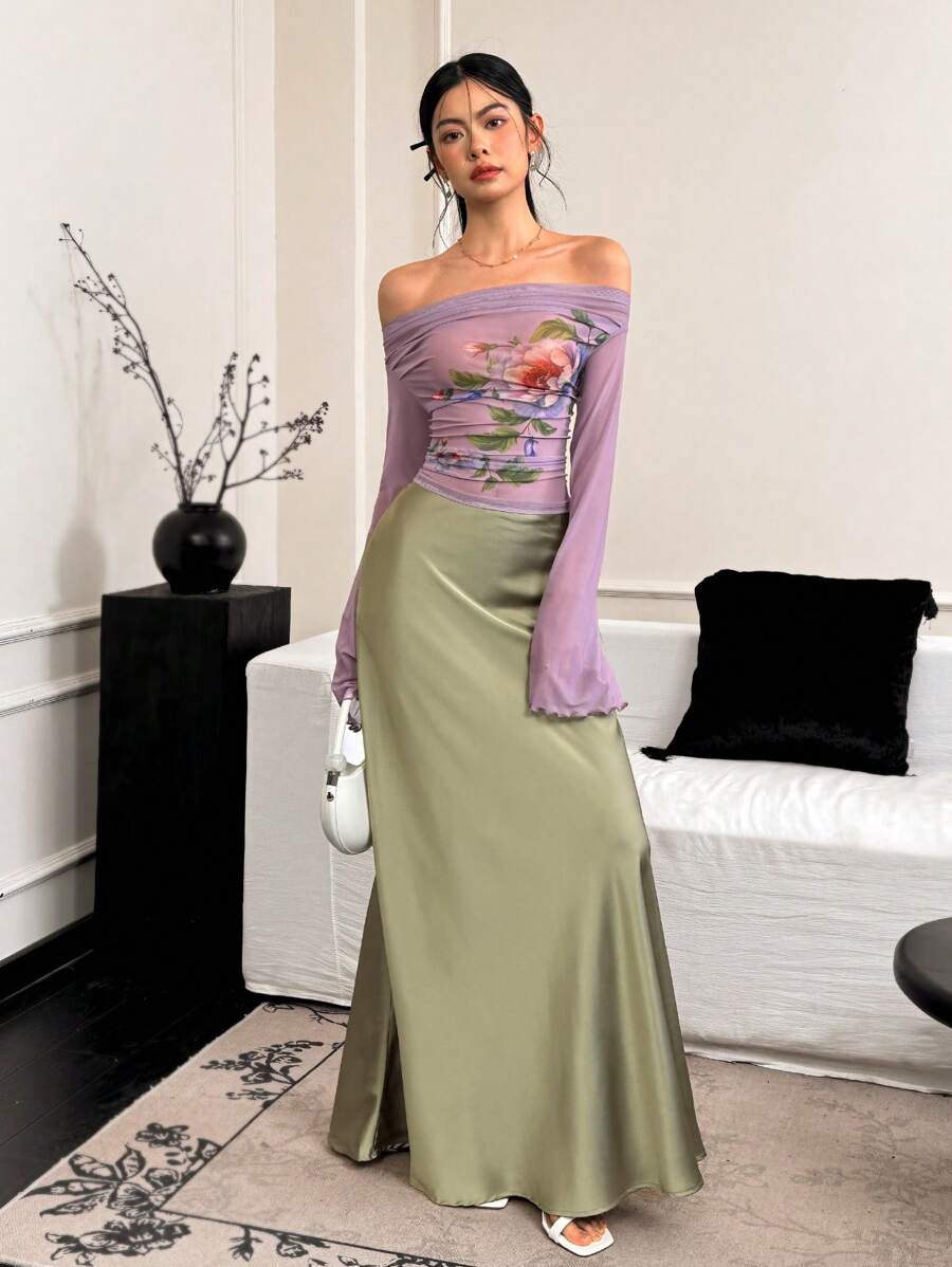 EastFlair 女士露肩长袖休闲上衣，简约时尚，适合日常穿着 - 紫色 - 查看 1