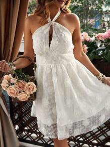 Flirla Vestido plus size feminino boho floral remendado com decote halter, para o verão - Damasco - Ver 5