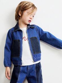 SHEIN Leap Crew Young Boys' Turn-Down Collar Loose Fit Contrast Color Denim Jacket - Blue - View 1