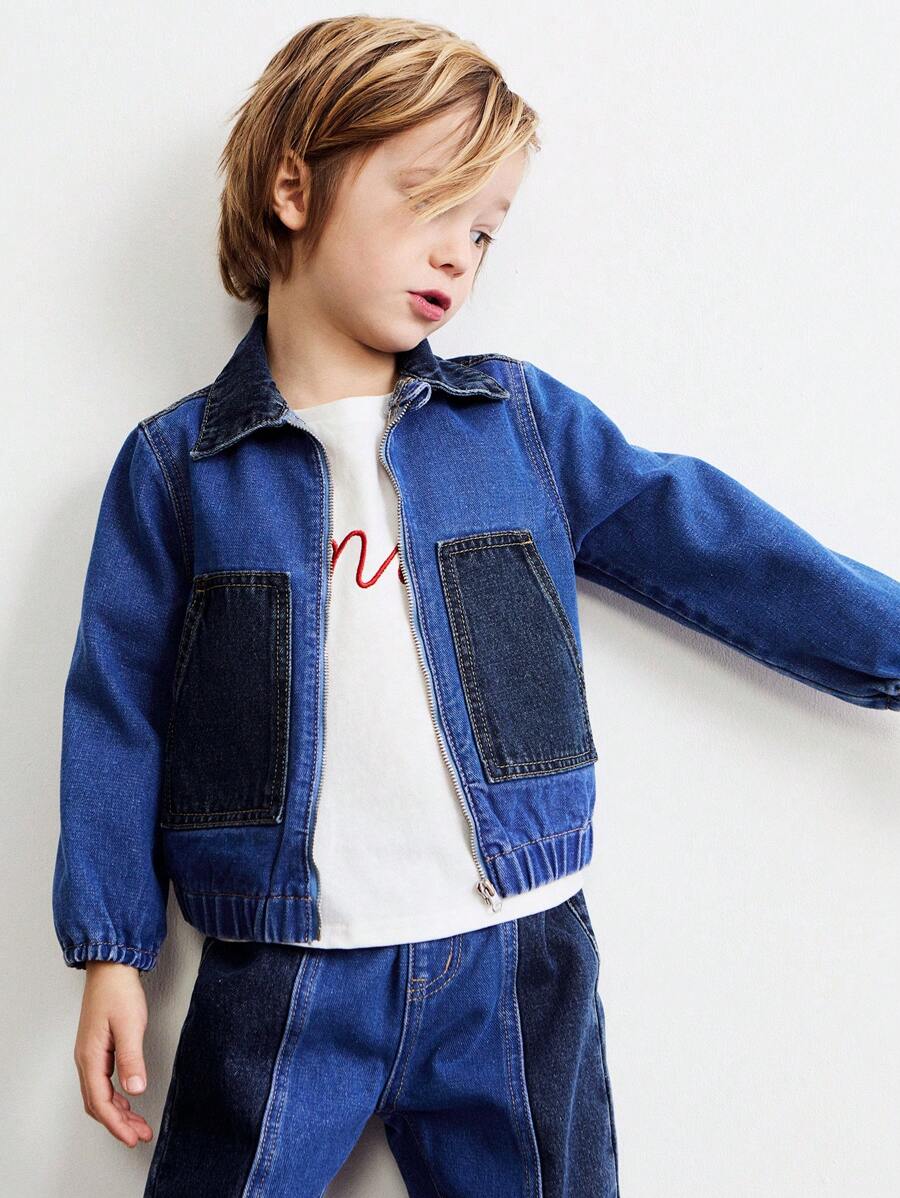 SHEIN Leap Crew Young Boys' Turn-Down Collar Loose Fit Contrast Color Denim Jacket - Blue - View 1