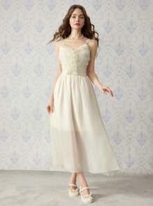 SHEIN MOD Vestido largo romántico de color albaricoque con decoración de encaje, cuello cuadrado y tirantes frontales, ideal para fiestas, cumpleaños, vacaciones, té, citas y eventos especiales para mujeres - Albaricoque - Ver 5
