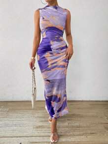 Chiquease Women's Summer Tie Dye Print Stand Collar Pleated Slim Long Elegant Dress Maxi Women Outfit