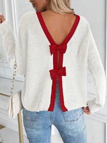 Chiquease 新款宽松休闲针织套头衫，女款，舒适时尚设计，秋冬蝴蝶结针织套头衫 - 白色 - 查看 3