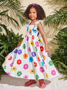 SHEIN Vestido ceñido de tirantes con estampado floral diminuto para niña joven