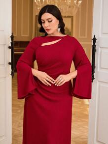 Modelyn Vestido elegante para mujer de talla grande, de unicolor, con pliegues, volantes y abertura en la manga - Burdeos - Ver 5