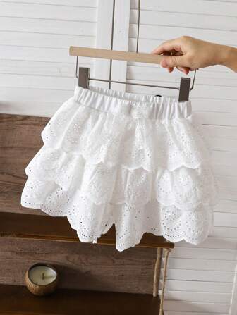 SHEIN Genkimix Kids Solid Color Burnout Embroidery Casual Skort For Young Girls