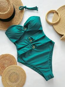 Swim Chiccia Swim Chic 女式海蓝色纯色不对称金属装饰抹胸可拆卸细肩带细肩带连体泳衣，海滩夏季装 - 水鴨藍 - 查看 4