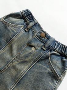 SHEIN 小男孩复古做旧水洗高弹蓝色牛仔工装裤，适合儿童街头装和春夏日常装 - 中等水洗藍 - 查看 3