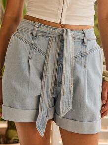 Aralina 高腰系带宽松牛仔休闲夏季短裤 - 淺色水洗藍 - 查看 3