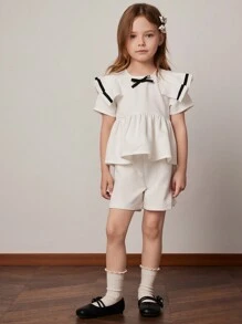 PrepCrw 少女学院风白色编织领上衣和短裤套装，春夏 - 白色 - 查看 6