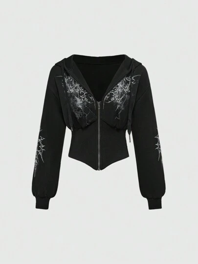 ROMWE Grunge Punk Y2K Subculture Vintage Leopard Print Collar Hooded Sweatshirt Sweatshirt For Women Graduation,Back To School Outfits,Graduation,Teacher Outfits For Women,Back To School